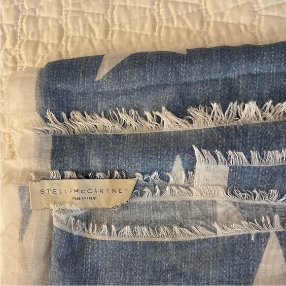 STELLA MCCARTNEY Blue Silk Scarf, Star ⭐️ Motif with Fringe Ends - Picture 12 of 14
